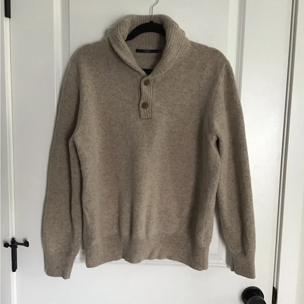 J. Crew 100% Lambswool Sweater Sz M Shawl Collar Light Brown Dad Academia Preppy
